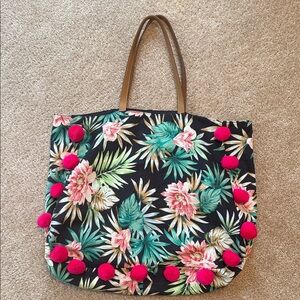 Ble resort collection designs in Greece floral Pom Pom tote beach bag blue pink